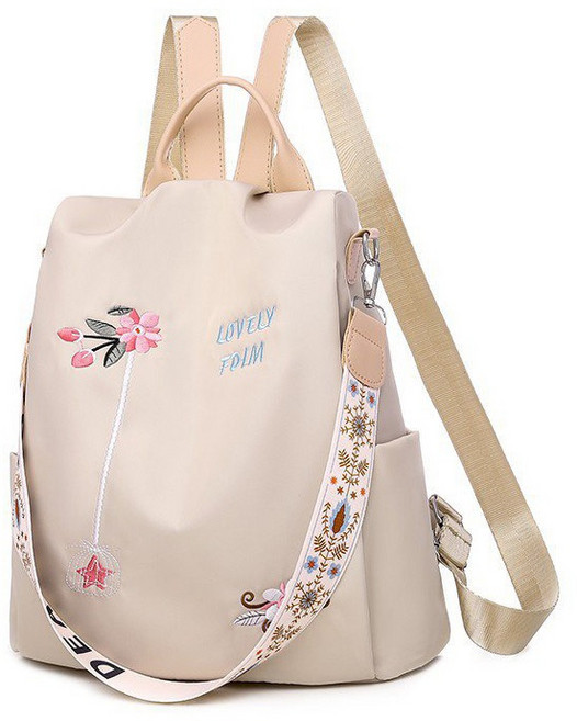 LOVELY FDIM 民族風 3D刺繡牛津布女背包 大容量防潑水休閒旅行雙肩包, 淺卡其色, 淺卡其色