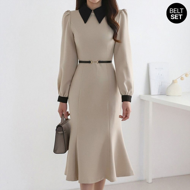 [백화점출고] [모리스커밍홈] [55-66]배색포인트 벨티드 머메이드 원피스_M2602OP009A