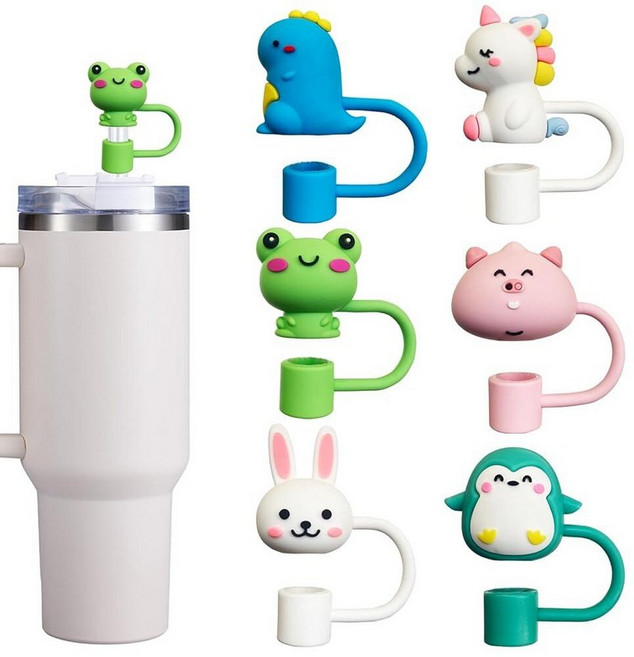 Stanley 컵용 빨대 커버 캡 5개 Stanley 96.2ml(30&40온스) 텀블러용 실리콘 귀여운 동물 빨대 토퍼 손잡이 포함 10mm 0.37cm(0.4인치) 방, 색상 3