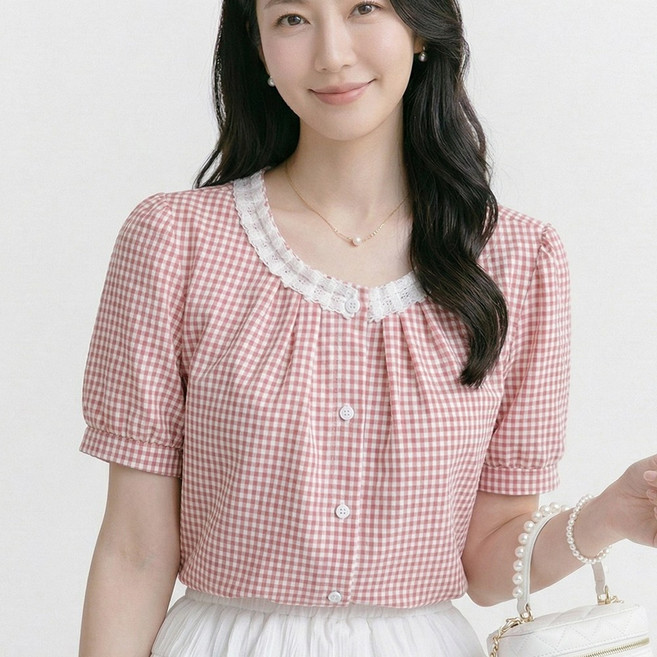 나바바 NB3098 여성 러블리 체크 레이스 U넥 반팔 블라우스