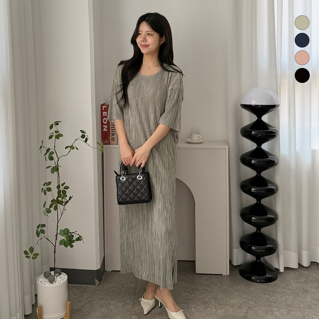 디테일웨어 여성 마들 주름 라운드넥 롱원피스 플리츠 주름 편한원피스 임부복 밑단트임 반팔원피스 시원한 여름원피스