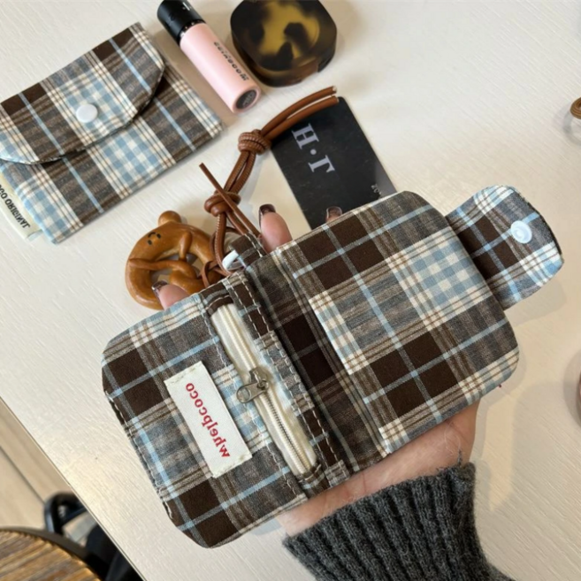 여성용 빈티지 체크 미니 카드지갑 지퍼 반지갑