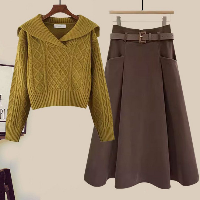 해피유통 니트 스웨터 스커트 세트 가을 숏 긴팔 꽈배기 스웨터 하이웨스트 A라인 스커트 투피스 BJJ001