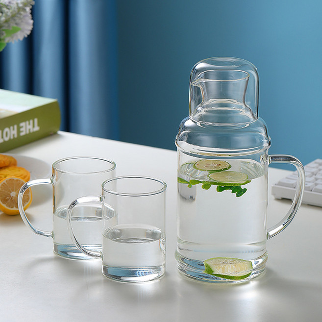 日式玻璃冷水壺套組，1100ML 容量，可直火加熱, 透明色1100ML一壺 2杯, 1套, 1100L