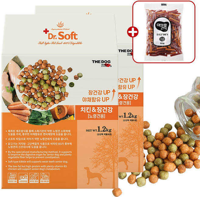 더독 닥터소프트 치킨 장건강 노령견 말랑한 소프트 사료 + 사은품 아침애버거 증정, 1.2kg, 2개, 닭+채소