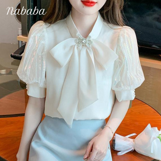 나바바 NB2700 여성 러블리 리본넥 퍼프 반팔 블라우스