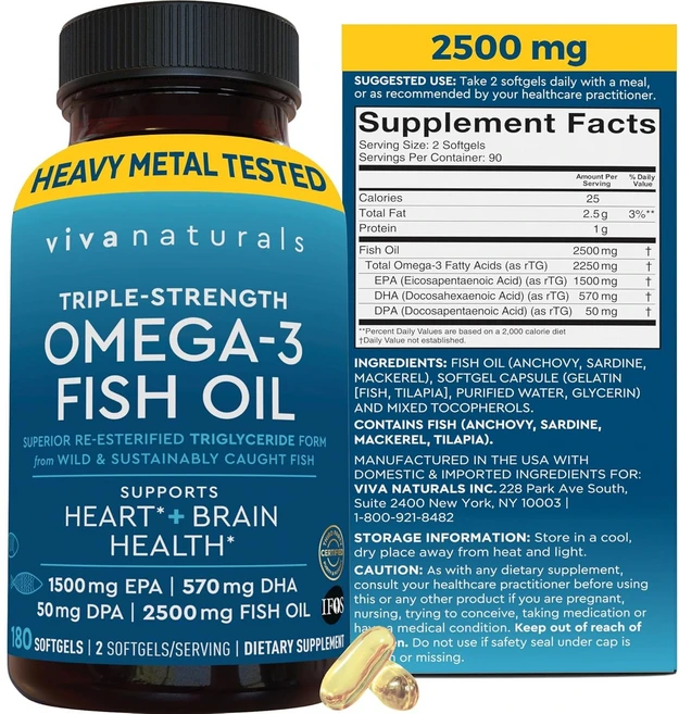 비바 내추럴스 오메가 3 피쉬 오일, 1개, 180정 - 쿠팡