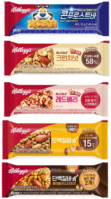 켈로그 콘푸로스트바 35g+크런치넛 에너지바 40g+레드베리 에너지바 35g+프로틴바K 50g+헤이즐넛 40g, 200g, 1세트