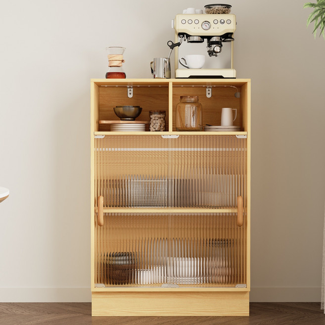 레준모던 LED 조명 반투명 유리 슬라이딩문 수납장, 오크