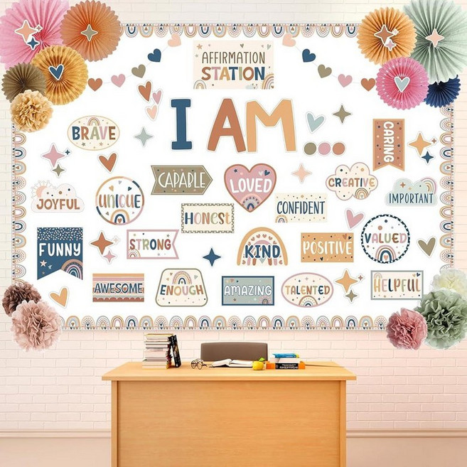 Pasimy Boho Affirmation Station 게시판 세트 3D 무지개 동기 부여 교실 장식 종이 팬 포함 꽃 공 I Am Positive Mirror 성장 마
