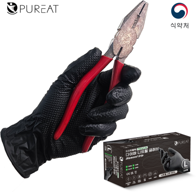 퓨리트 프리미엄 다이아 니트릴장갑 8.5g 고중량 니트릴 95%이상 함유 식품용 공업용 다용도 라텍스 고무, M, 검정, 100개