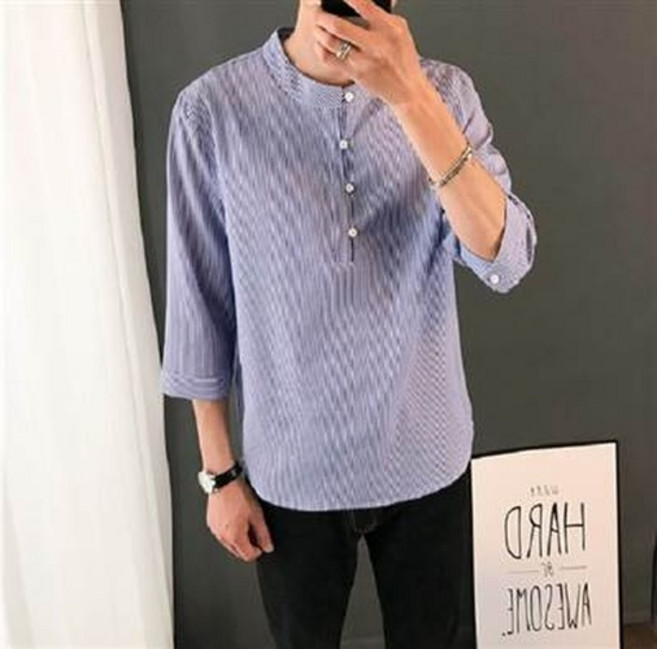 男士條紋立領七分袖襯衫