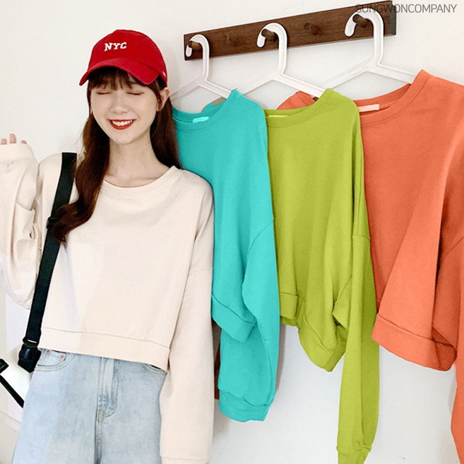 이너퀸 프리수 여성용 크롭 무지 베이직 라운드넥 봄 가을 레이어드 투맨 루즈핏 티셔츠 크롭맨투맨