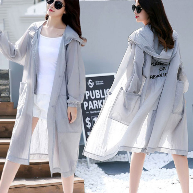 FINE ART 여성 시스루 후드 트렌치코트 자외선차단 바람막이 점퍼 얇은 코트 여름 롱자켓 빅사이즈