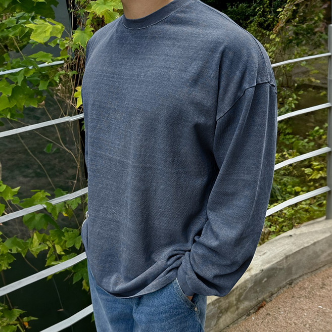 남녀공용 트릴 피그먼트티 워싱 10수 무지티셔츠 다잉 오버핏 긴팔티