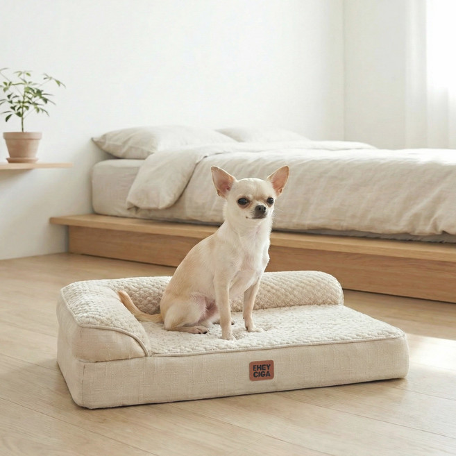 EHEYCIGA 메모리폼 함유 정형외과 L자 테두리 반려견 강아지방석 사계절용 푹신한 편안한 반려견 소파, 1개, 베이지색