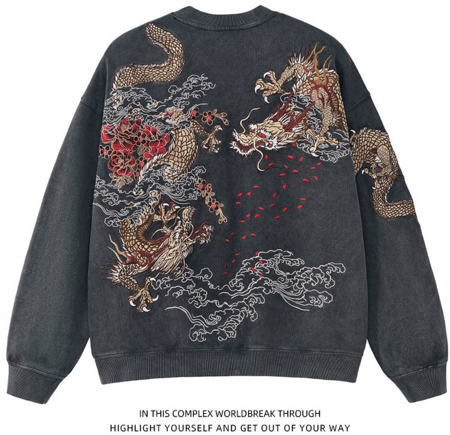 워싱블랙 차이나 순면 롱 자수 스카잔 긴팔 티셔츠 남성 여성 요코스카 라운드티 용 구름무늬 일본패션