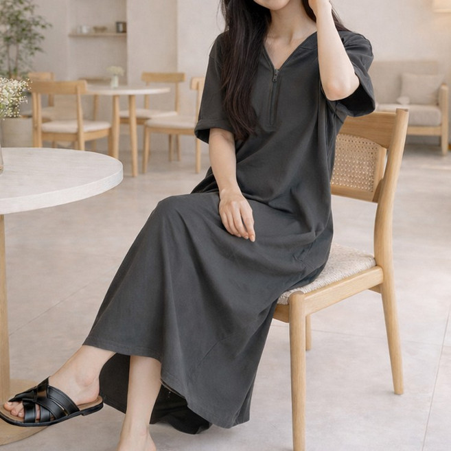 바이누아 데일리 캐주얼 지퍼 롱 원피스