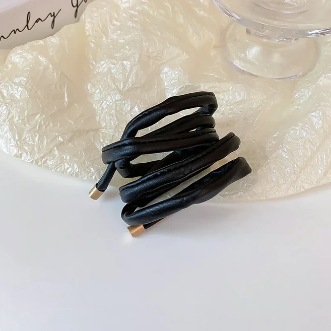 PU 가죽 헤어 로프 스크런치 블랙 다크 브라운 컬러 긴 와이어 헤어 링 타이 꼰 머리띠 포니테일 거치대 헤