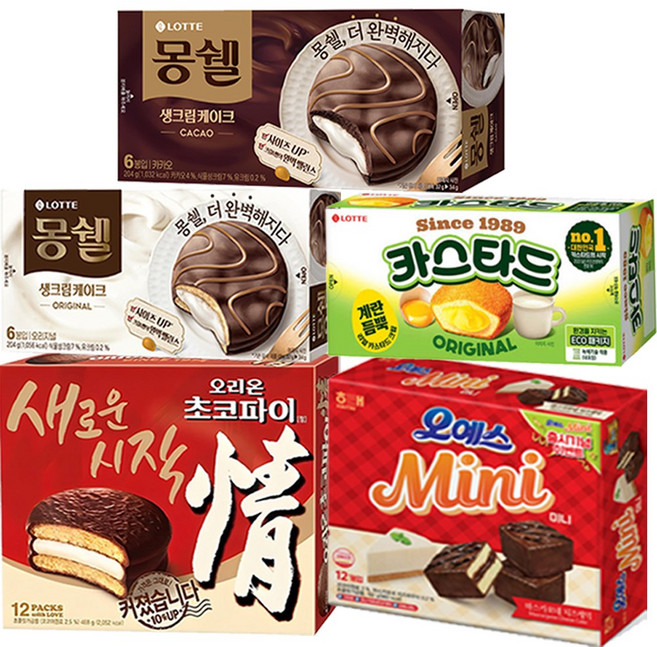 과자몬스터 사무실 과자 세트 5종 오리온 초코파이 몽쉘 크림 몽쉘 카카오 오예스 미니 롯데 카스타드, 1세트