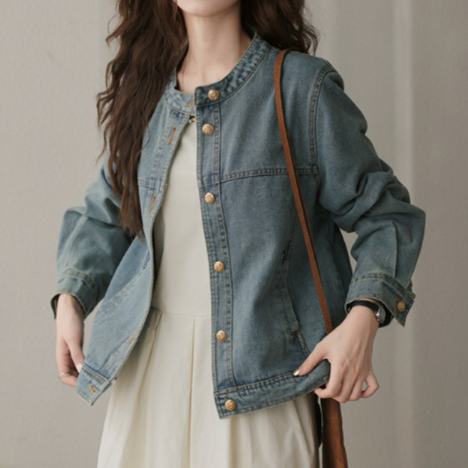 여성 라운드넥 노카라 데님 자켓 HH-E84