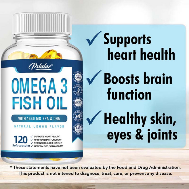 DHA와 EPA가 풍부한 오메가 3 피쉬 오일 캡슐은 건강한 심장 스트레스 해소 두뇌 강화 지능 향상 심혈관 건강 개선에 도움을 줍니다., 3개, 120정