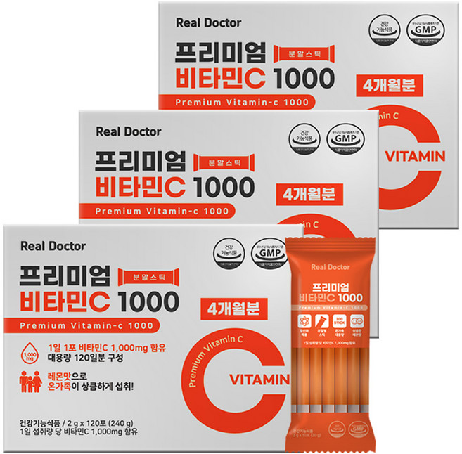 리얼닥터 프리미엄 비타민C 1000 분말 항산화 피로회복 고용량 1 000mg 하루 1포 120일분 대용량 레몬즙과즙분말, 120회분, 3개