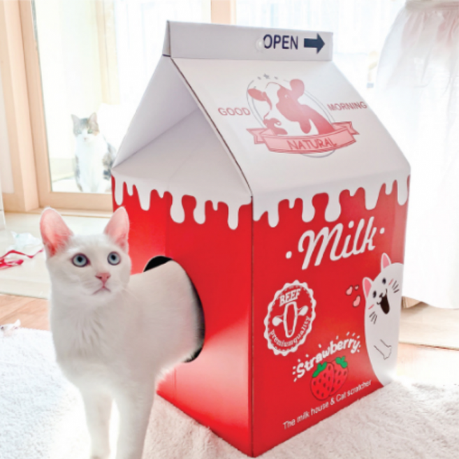 고양이 숨숨집 우유상자 스크래쳐 하우스 (딸기우유), 1개