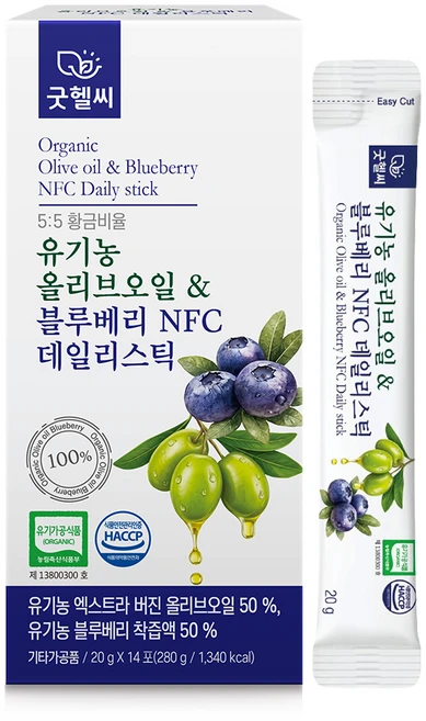 굿헬씨 유기농 올리브오일 & 블루베리 NFC 데일리스틱 14포, 1박스, 280g - 쿠팡