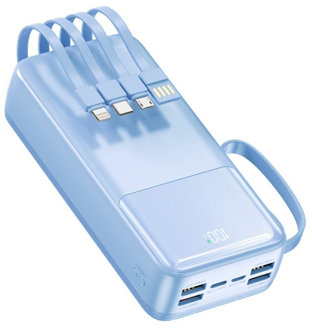 아우스힐 LCD잔량표시 QC 3.0 PD 22.5W 초고속충전 4개 케이블 멀티단자 대용량 보조배터리 30000mAh, 블루