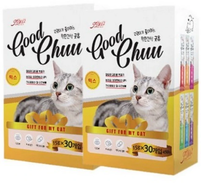 갓펫 굿츄 고양이 간식 15g x 6종 x 5p 세트, 2세트, 450g, 믹스 - 쿠팡