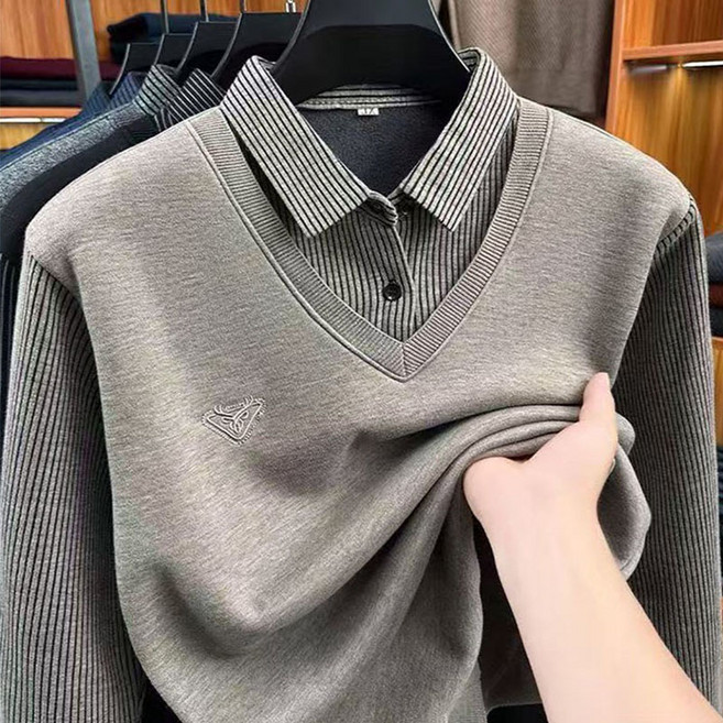 봄여름 스판이 빅사이즈 긴팔티 중년남성용 얇은 편안한 오피스룩 칼라 데일리룩 니트 상의