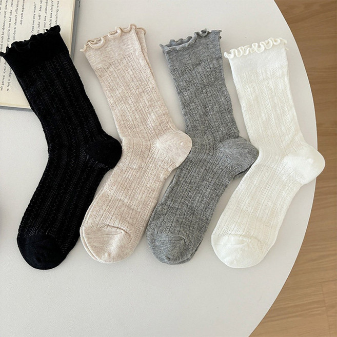 Coablu 여성용 프릴 레이스 시스루 망사 중목양말 데일리 4켤레 세트