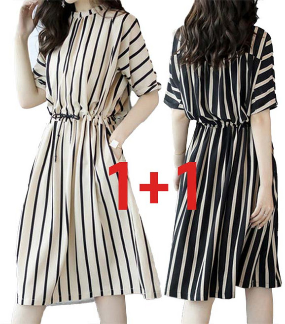 1+1 2장입 세트 여름 여성용 세로 스트라이프 셔츠 원피스 시크 트렌디 넉넉한 캐주얼 출근길 루즈핏 미니 기장 밴딩 허리 줄무늬 원피스