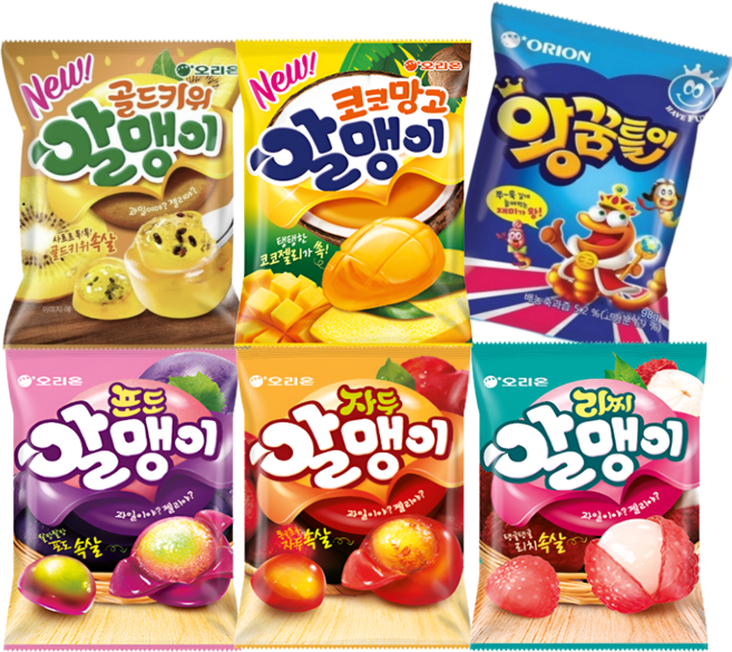 오리온 알맹이 젤리 자두 (81g)+리찌 (81g)+포도 (81g)+코코망고 (81g)+골드키위 (81g)+왕꿈틀이 (98g) 6종, 3세트, 503g