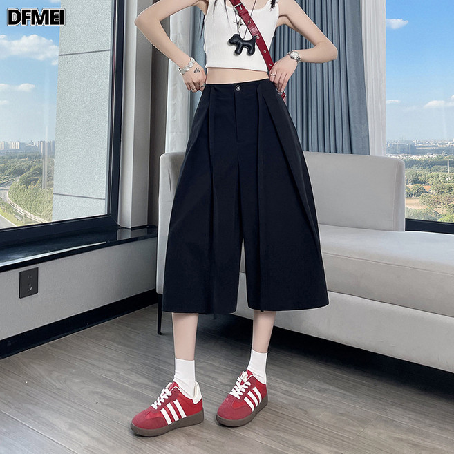 QRU 實拍純色七分闊腿褲女春夏小個子高腰顯瘦百搭垂感寬鬆直筒七分褲