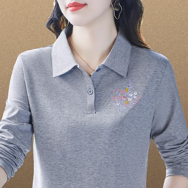 오늘코디 여성 꽃자수 카라 긴팔 티셔츠 봄 가을 데일리 폴로티 엄마룩 상의 S1041