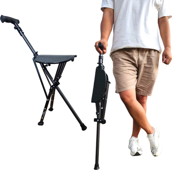 트루행센 휴대용 접이식 지팡이 의자 어르신 부모님 효도선물 서서의자 체어, 블랙, 1개