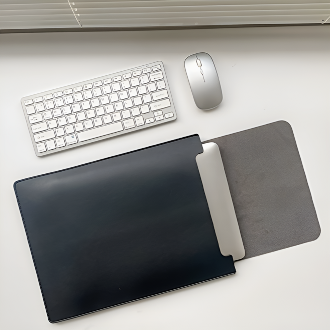 고급 가죽 세로형 노트북 파우치 마우스 패드 겸용 케이스, 블랙