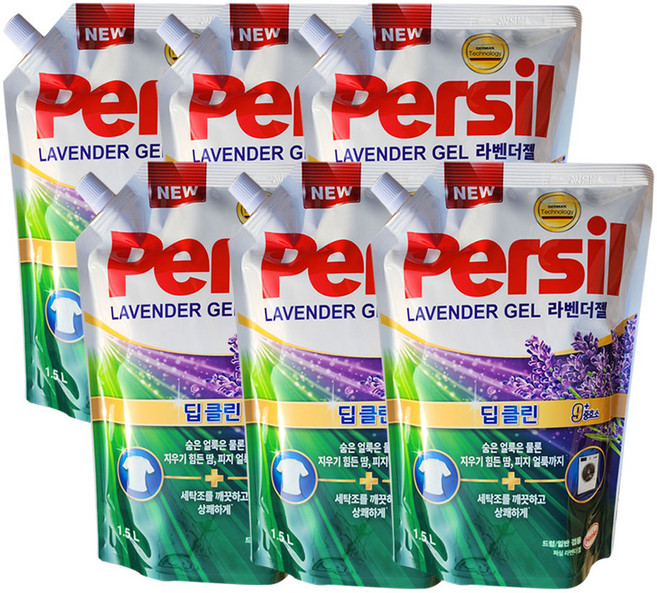 헨켈 퍼실 딥클린 라벤더젤 액체세탁세제 일반드럼겸용 리필 액상세제, 1.5L, 6개