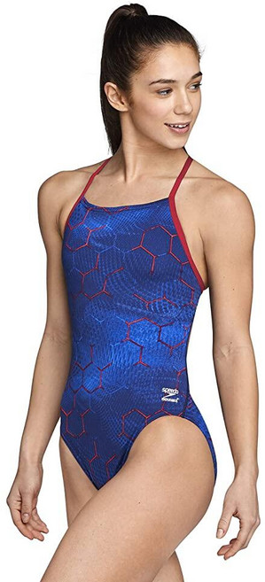 Speedo 스피도 여성용 수영복 원피스 Endurance+ 크로스 백 프린트 성인 팀 색상 블랙 353870 5548071302, 20, 에머징 레드/화이트/블루