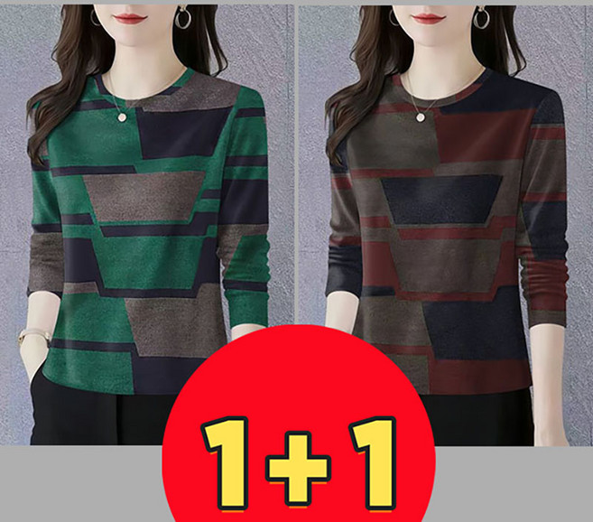 AOKADA 1+1여성 봄 가을 루즈핏 라운드 프린팅 긴팔 티셔츠