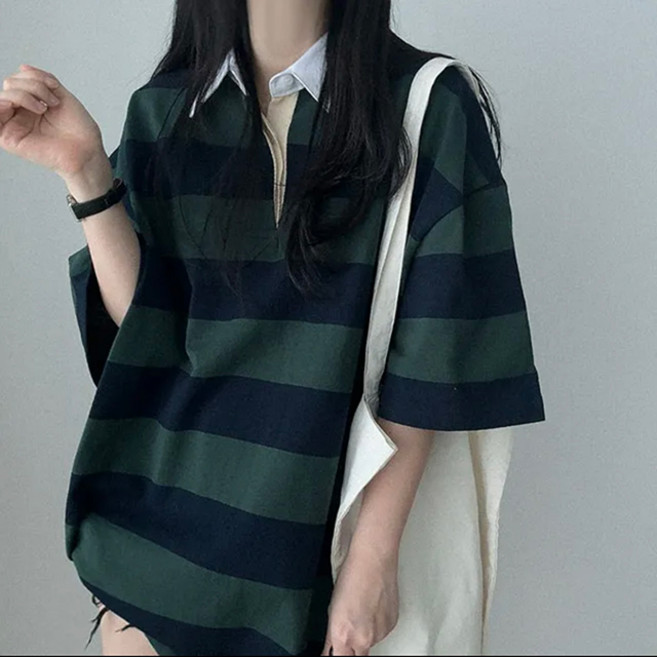 아메카지 빅단가라 오버핏 카라 반팔티셔츠 빅사이즈티셔츠