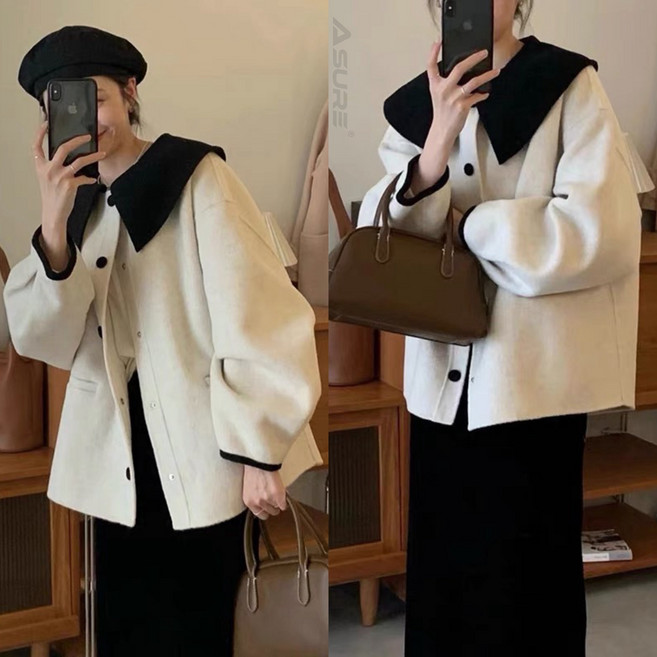 에쥬아 빅카라넥 모직코트 배색 오버핏 간절기 아우터 데일리룩 하객룩
