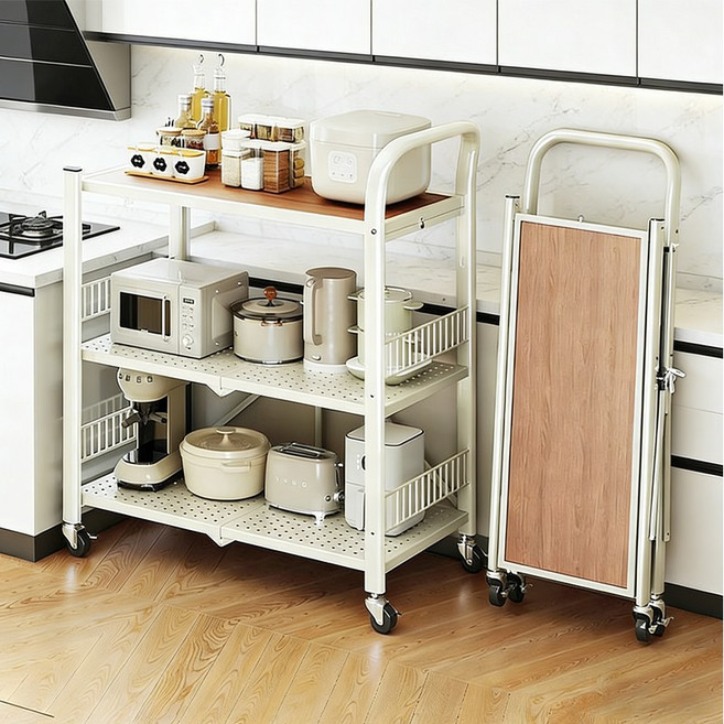 주방용 접이식 이동식 수납 전자레인지 선반 3단 수납 선반 이동식 수납 선반 가정용 카트, 흰색