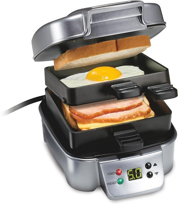 Hamilton Beach 샌드위치 스태커 맞춤형 핫 샌드위치 메이커 2.2제곱미터(24제곱인치) 논스틱 PFAS 프리 조리 표면 내장 타이머 컴팩트 식기세척기 사용 가