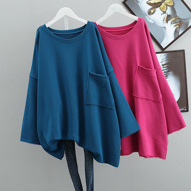 와이드 여성티셔츠 박시티 루즈핏 여자 데일리룩 맨투맨 티 라운드넥 솔리드 긴팔티 빅사이즈 봄 가을 WAWAMIYA