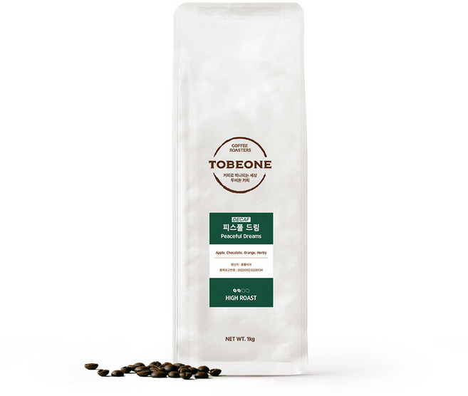 투비원커피 I 피스풀 드림(디카페인), 1개, 1kg, 홀빈(분쇄안함)
