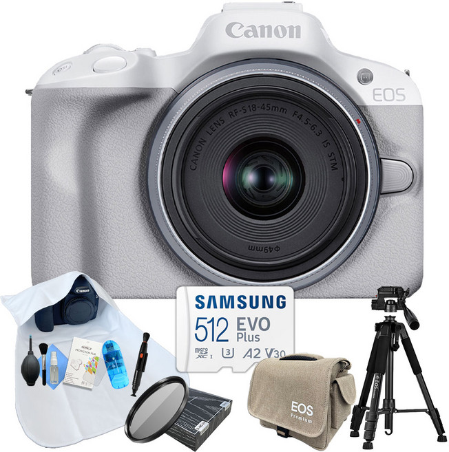 포토리뷰이벤트 캐논 EOS R50+RF-s 18-45mm F4.5-6.3 IS KIT+악세사리 9종 패키지 (512GB 메모리 + MCUV 슬림 필터 포함) /화이트_WJK