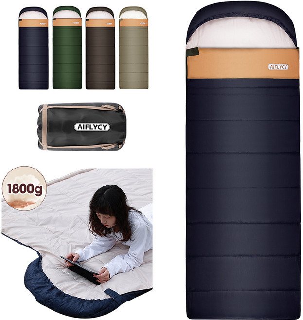 Aiflycy 머미형 사계절 경량 캠핑 침낭 휴대용 방수 야외 압축 침낭 210 x 82cm 1800g, 1개, 블루 × 1.8KG